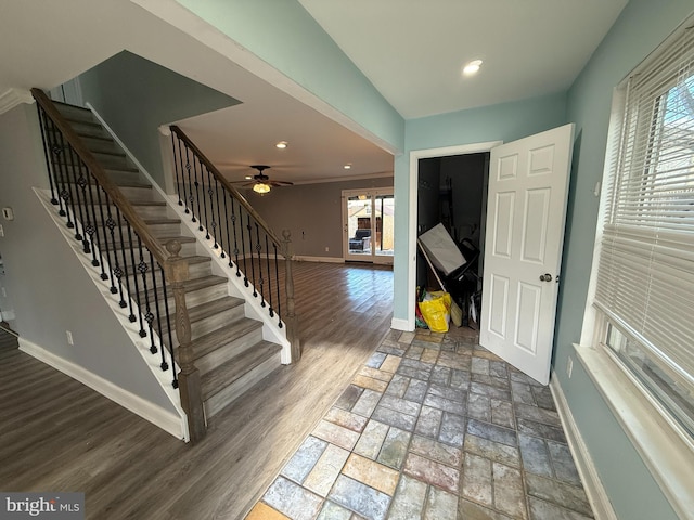 foyer featuring stairway, recessed lighting, wood finished floors, and baseboards