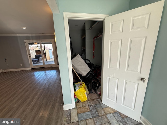 interior space with recessed lighting, crown molding, baseboards, and wood finished floors