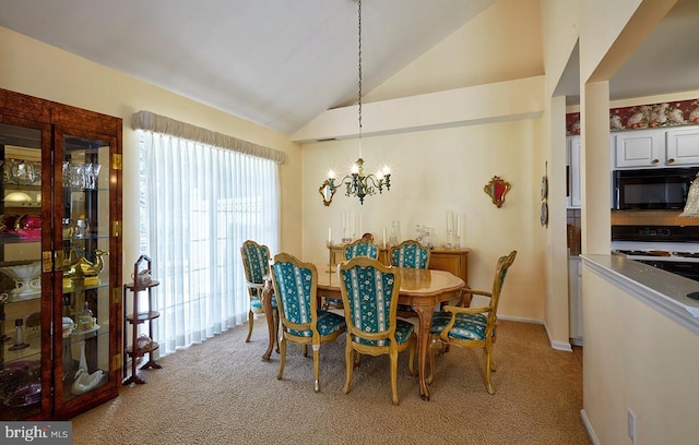 dining room featuring lofted ceiling, light carpet, a notable chandelier, and baseboards