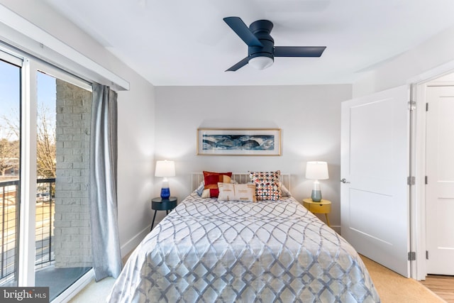 bedroom featuring a ceiling fan, access to outside, and baseboards