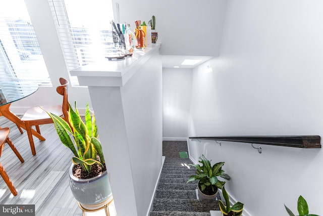 staircase featuring a skylight, carpet, and baseboards
