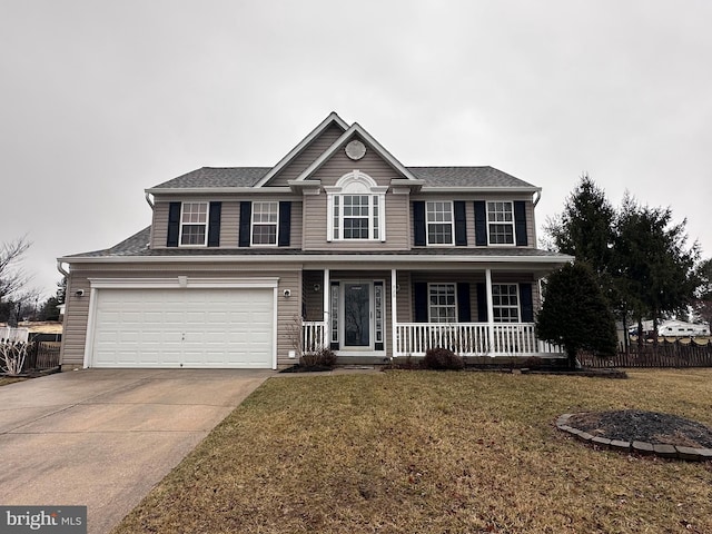 view of front of house with fence, a porch, concrete driveway, a front yard, and a garage