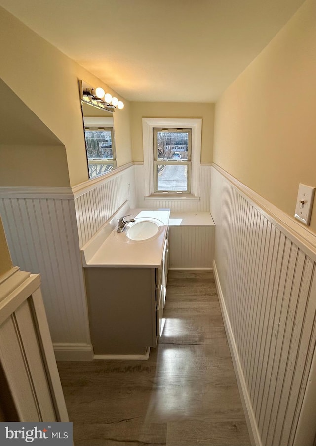 bathroom with a wainscoted wall, wood finished floors, vanity, and an inviting chandelier