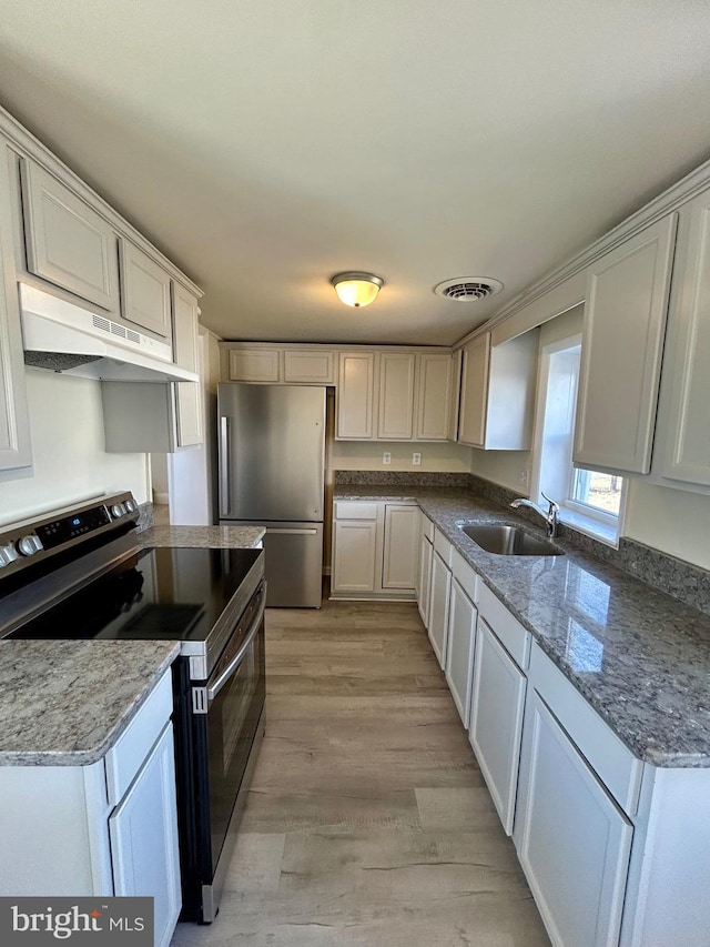 kitchen featuring stone countertops, light wood-style flooring, under cabinet range hood, stainless steel appliances, and a sink