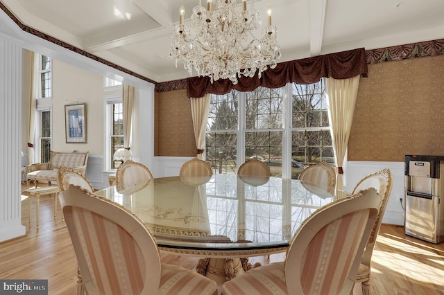 dining area with a notable chandelier, a wainscoted wall, beamed ceiling, and wallpapered walls