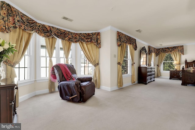 living area with visible vents, carpet flooring, plenty of natural light, and crown molding