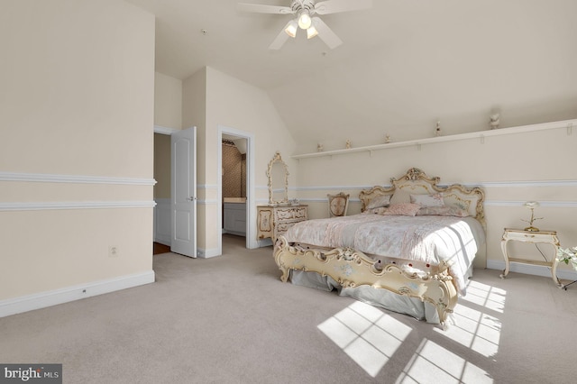 carpeted bedroom with baseboards, lofted ceiling, and a ceiling fan