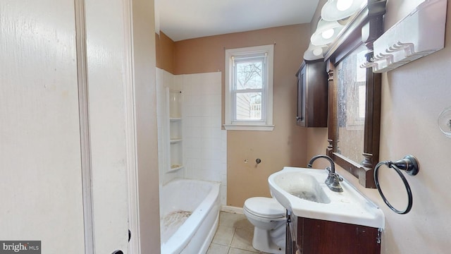 full bath with toilet, vanity, baseboards, and tile patterned floors