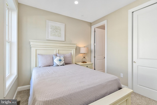 bedroom featuring carpet, baseboards, and recessed lighting