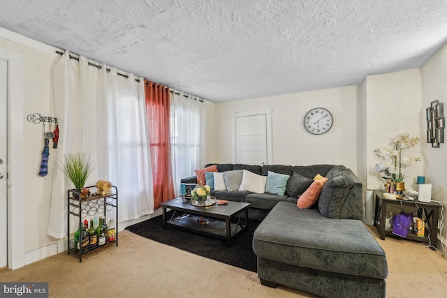 living room featuring carpet flooring and a textured ceiling