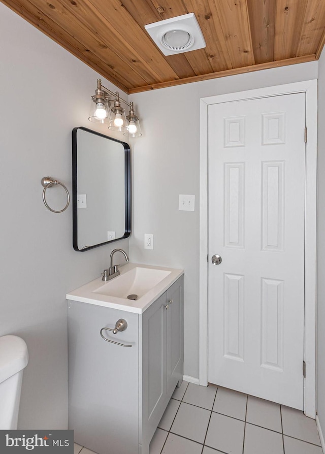 half bathroom featuring visible vents, toilet, wooden ceiling, tile patterned floors, and vanity