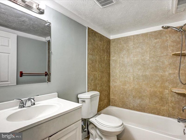 bathroom with a textured ceiling, toilet, visible vents, and shower / bathing tub combination