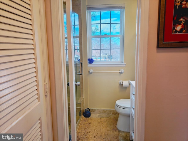 bathroom with toilet, a shower stall, and vanity