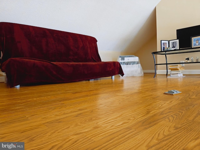 living area featuring vaulted ceiling and wood finished floors