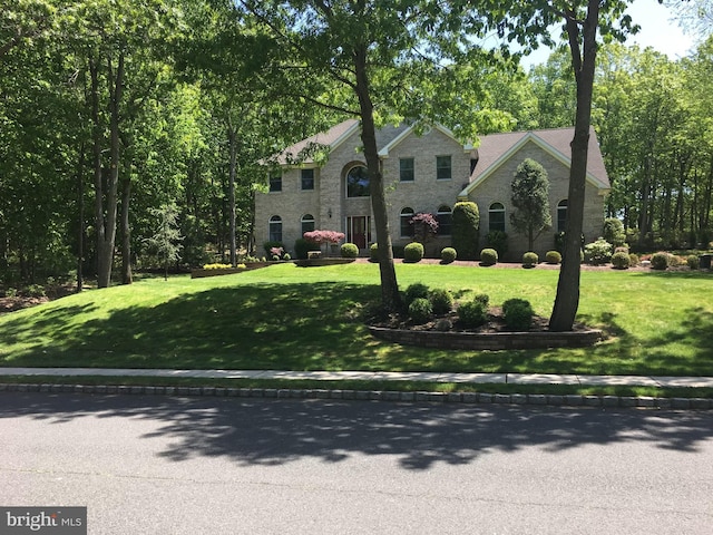 view of front of house featuring stone siding and a front lawn