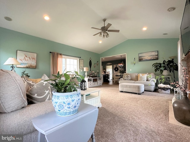 living room featuring carpet, vaulted ceiling, recessed lighting, and ceiling fan