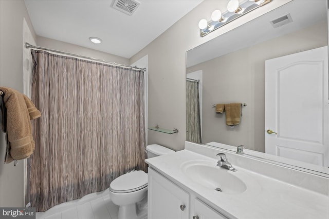 full bathroom featuring tile patterned flooring, visible vents, toilet, and vanity