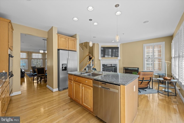 kitchen with appliances with stainless steel finishes, light wood-type flooring, an island with sink, and a premium fireplace