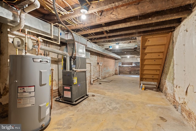 unfinished basement featuring water heater and heating unit