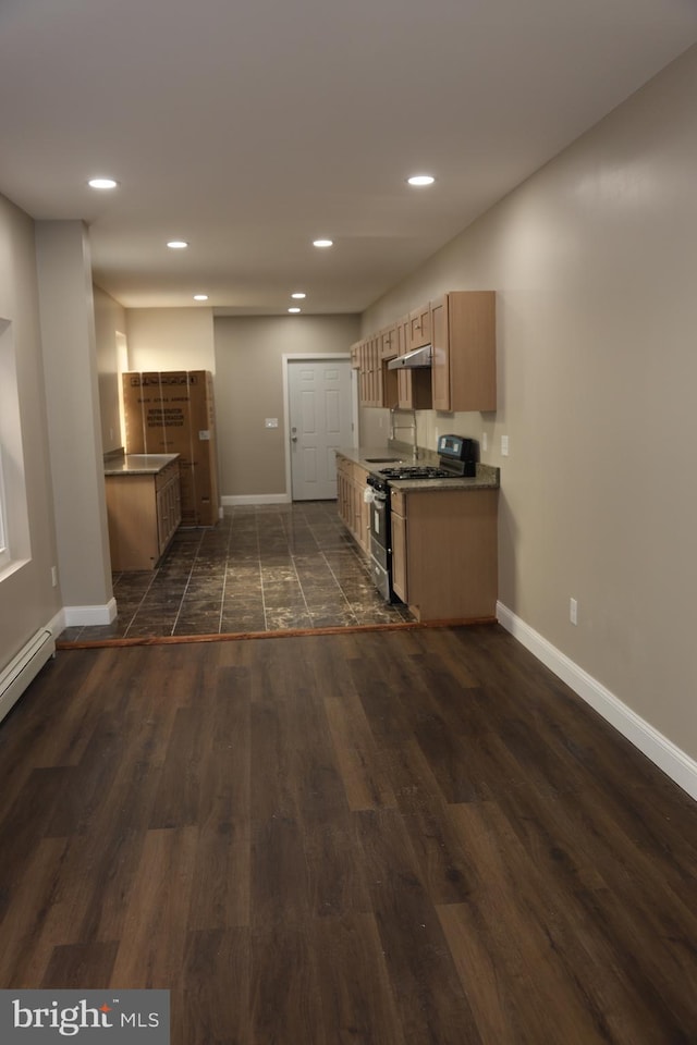 kitchen with baseboards, dark wood finished floors, stainless steel range with gas stovetop, under cabinet range hood, and recessed lighting