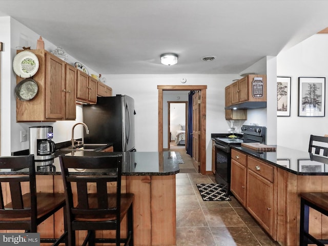 kitchen featuring a peninsula, black range with electric stovetop, a sink, and freestanding refrigerator