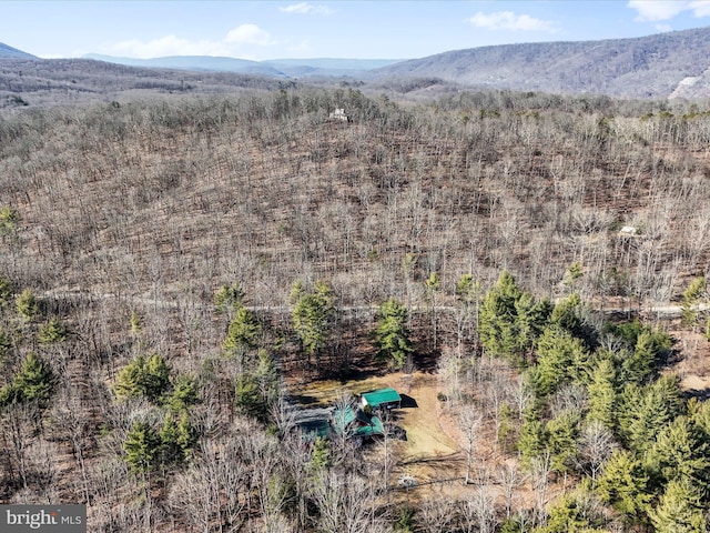 birds eye view of property featuring a forest view and a mountain view