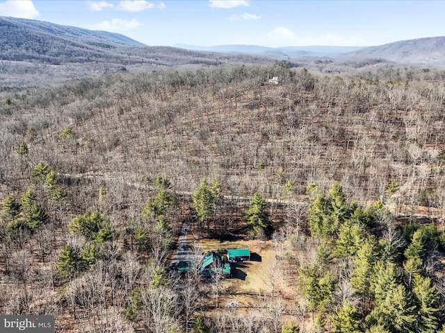 birds eye view of property featuring a mountain view and a view of trees