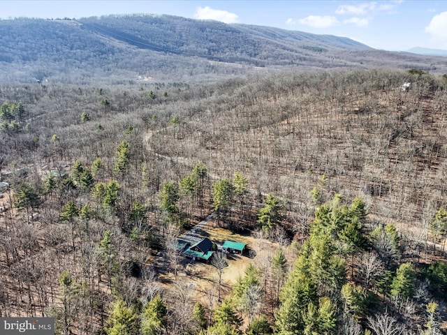 bird's eye view featuring a forest view and a mountain view