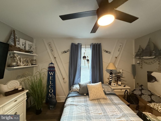 bedroom featuring ceiling fan and wood finished floors