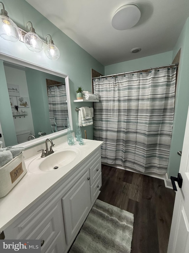 bathroom featuring wood finished floors and vanity