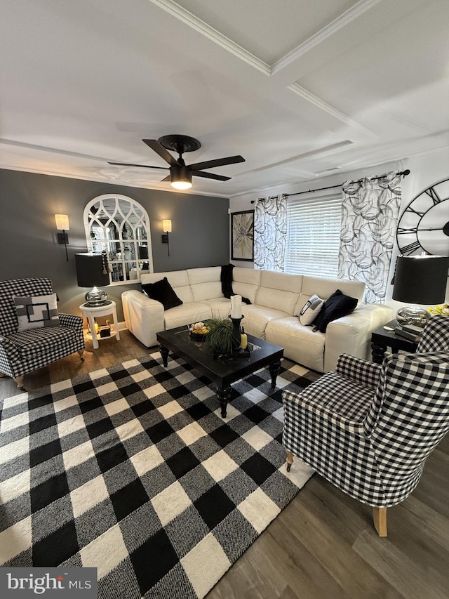 living room featuring ceiling fan, wood finished floors, and crown molding