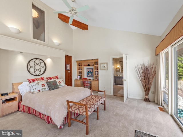 bedroom with light colored carpet, beam ceiling, high vaulted ceiling, a ceiling fan, and access to outside