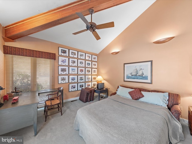 carpeted bedroom with beamed ceiling, high vaulted ceiling, visible vents, and a ceiling fan