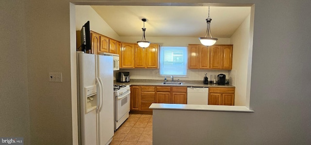 kitchen with light tile patterned floors, tasteful backsplash, hanging light fixtures, a sink, and white appliances