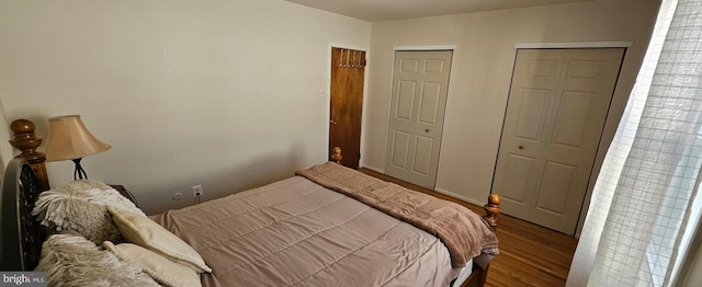 bedroom featuring wood finished floors and two closets