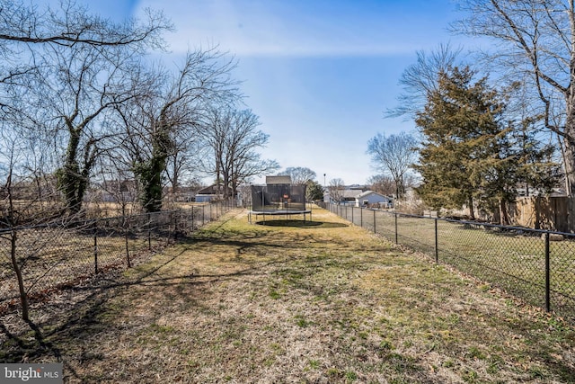 view of yard with a trampoline and a fenced backyard