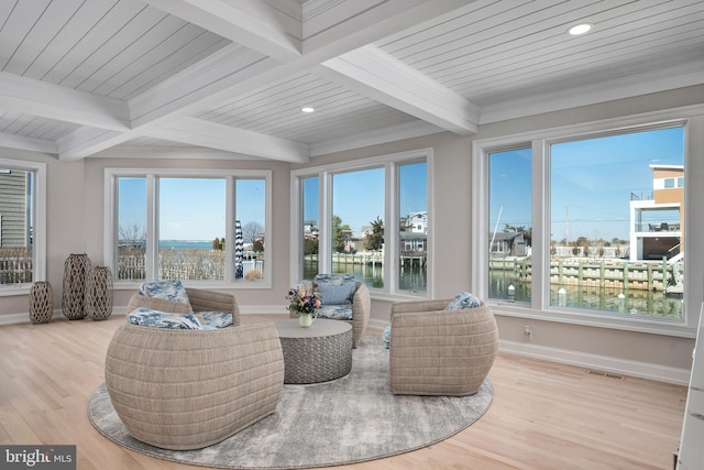 sunroom / solarium featuring a wealth of natural light, visible vents, beamed ceiling, and a water view