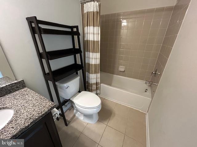 full bath with toilet, tile patterned flooring, shower / bath combination with curtain, and vanity