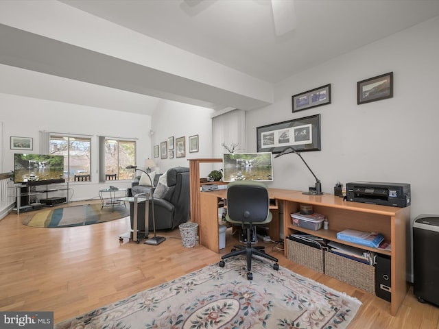 home office with ceiling fan and wood finished floors