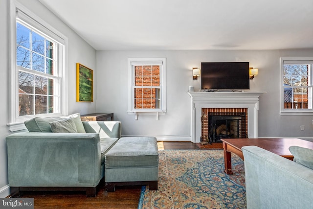 living room featuring baseboards, wood finished floors, and a fireplace