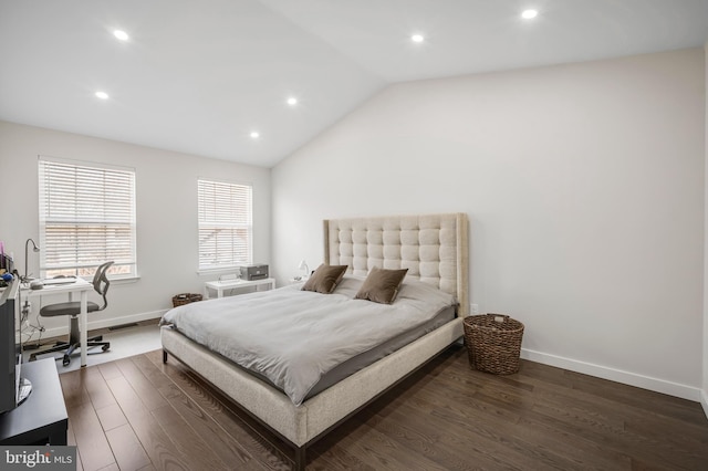 bedroom featuring lofted ceiling, baseboards, dark wood finished floors, and recessed lighting