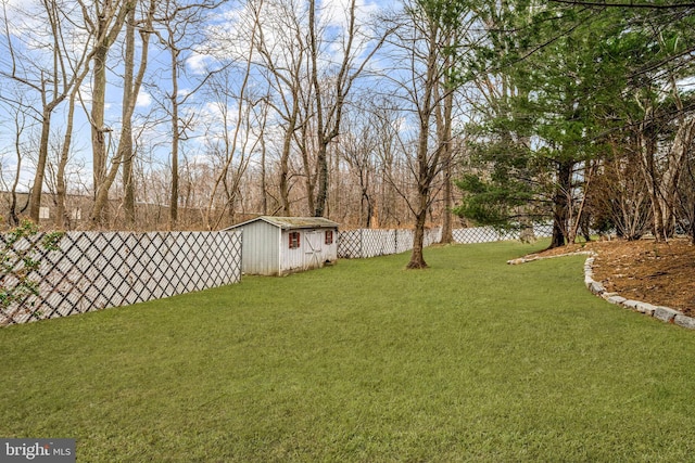 view of yard with an outbuilding, a fenced backyard, and a storage shed