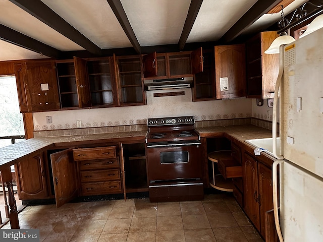 kitchen with range with electric cooktop, tile countertops, open shelves, beam ceiling, and exhaust hood