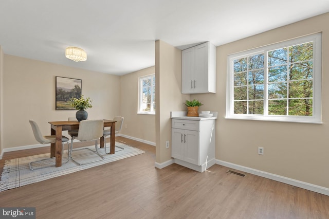 dining room featuring visible vents, light wood-style floors, and baseboards