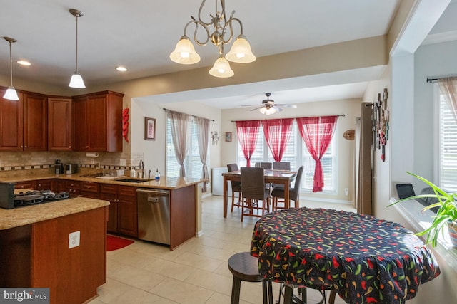 kitchen with black gas cooktop, tasteful backsplash, stainless steel dishwasher, a sink, and a peninsula