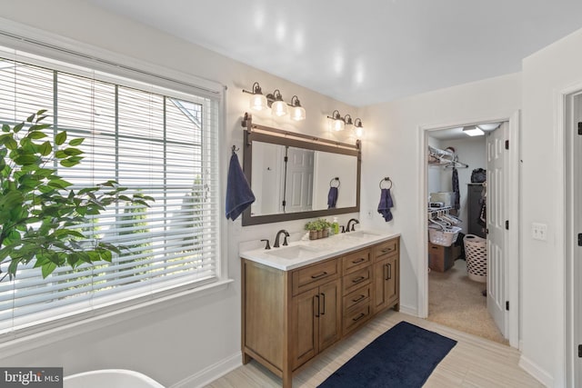 bathroom with a sink, a spacious closet, baseboards, and double vanity