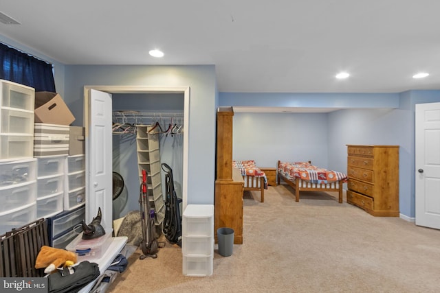 bedroom featuring recessed lighting, carpet floors, visible vents, a spacious closet, and a closet