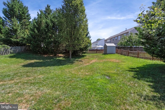 view of yard featuring a storage shed, a fenced backyard, and an outdoor structure