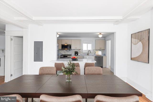 dining area featuring beam ceiling, coffered ceiling, electric panel, and baseboards