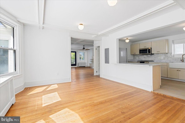 kitchen featuring tasteful backsplash, radiator heating unit, stainless steel microwave, light wood-style floors, and a sink